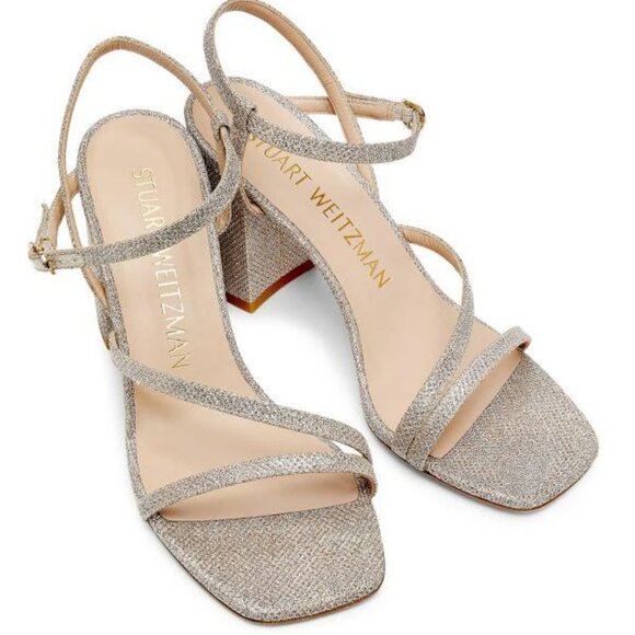 Stuart Weitzman Oasis 85MM New Noir Block-Heel Glitter Gold Sandals Size 6 - Picture 4 of 14